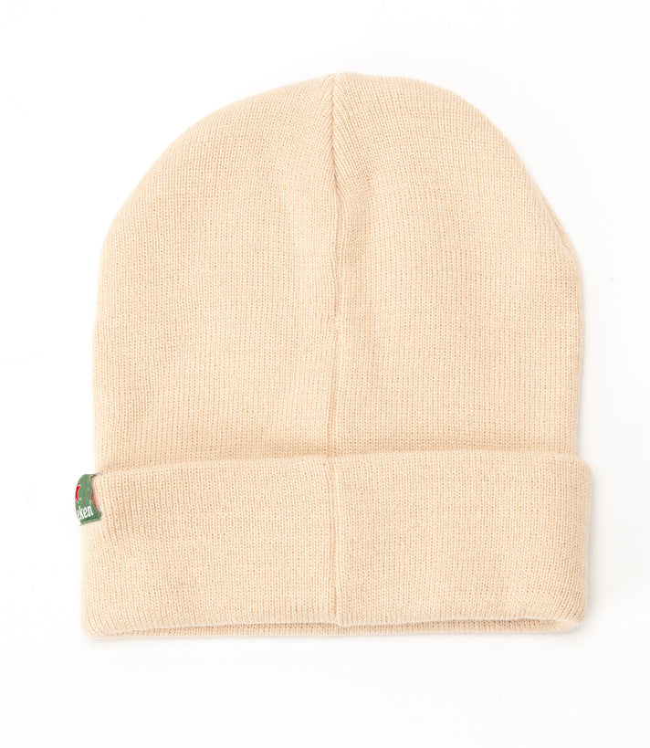 Back view of the beige beanie with embroidered Heineken logo.