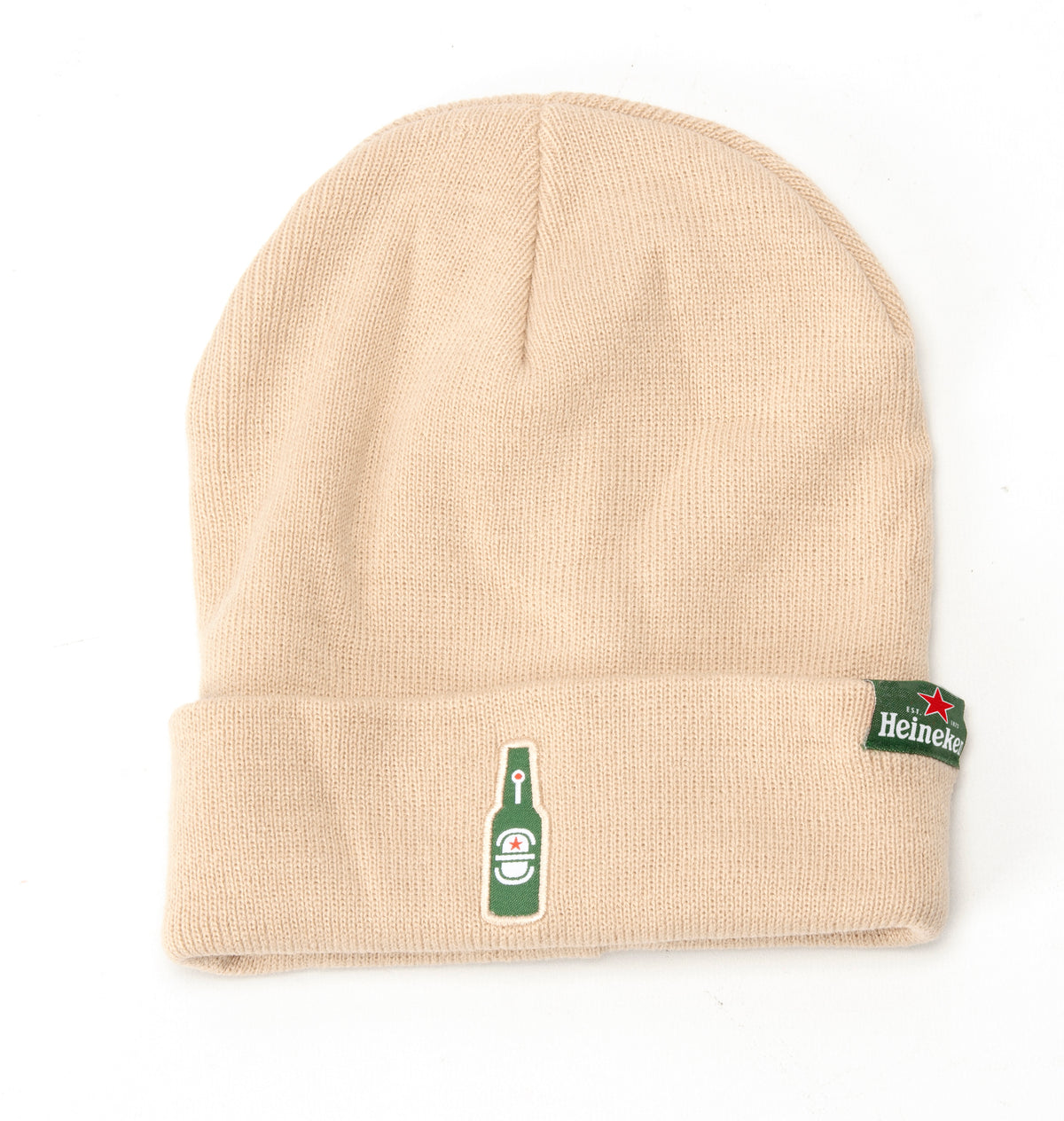 Beige beanie with embroidered Heineken logo and bottle icon.