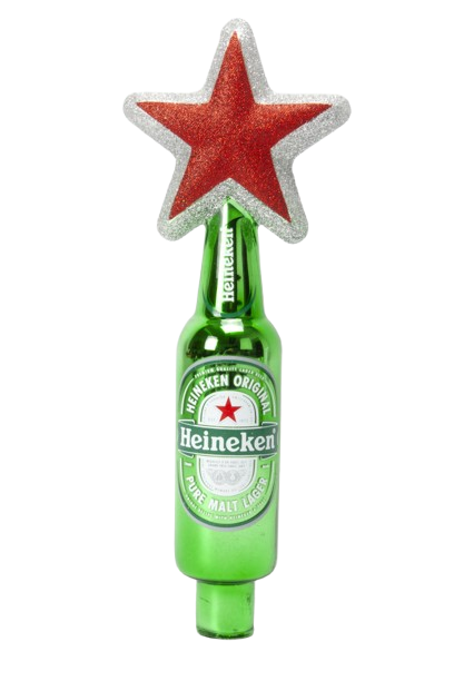 Heineken bottle-shaped Tree Topper with red star on top.