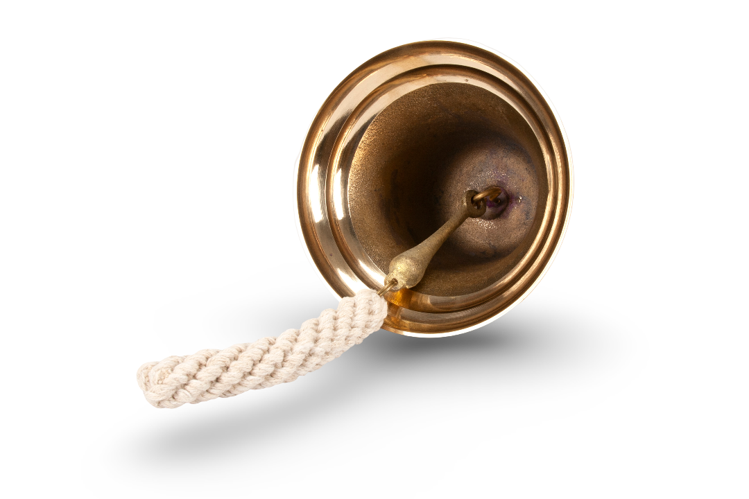 Bottom view of a Heineken gold-colored Bar Bell Merch with a white rope.