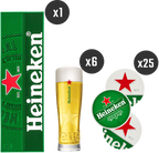Confezione Heineken con una scatola, un bicchiere di birra e adesivi personalizzati su sfondo bianco.