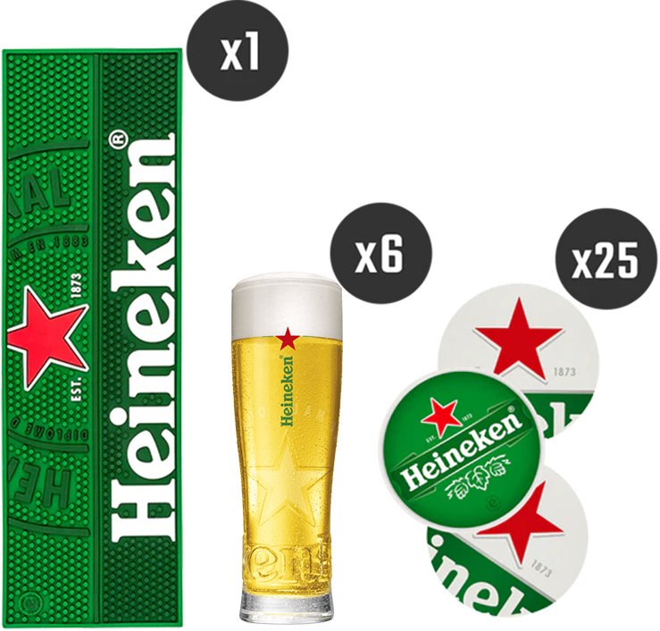 Heineken verpakking, met een doos, een glas bier en merkstickers, op een witte achtergrond.