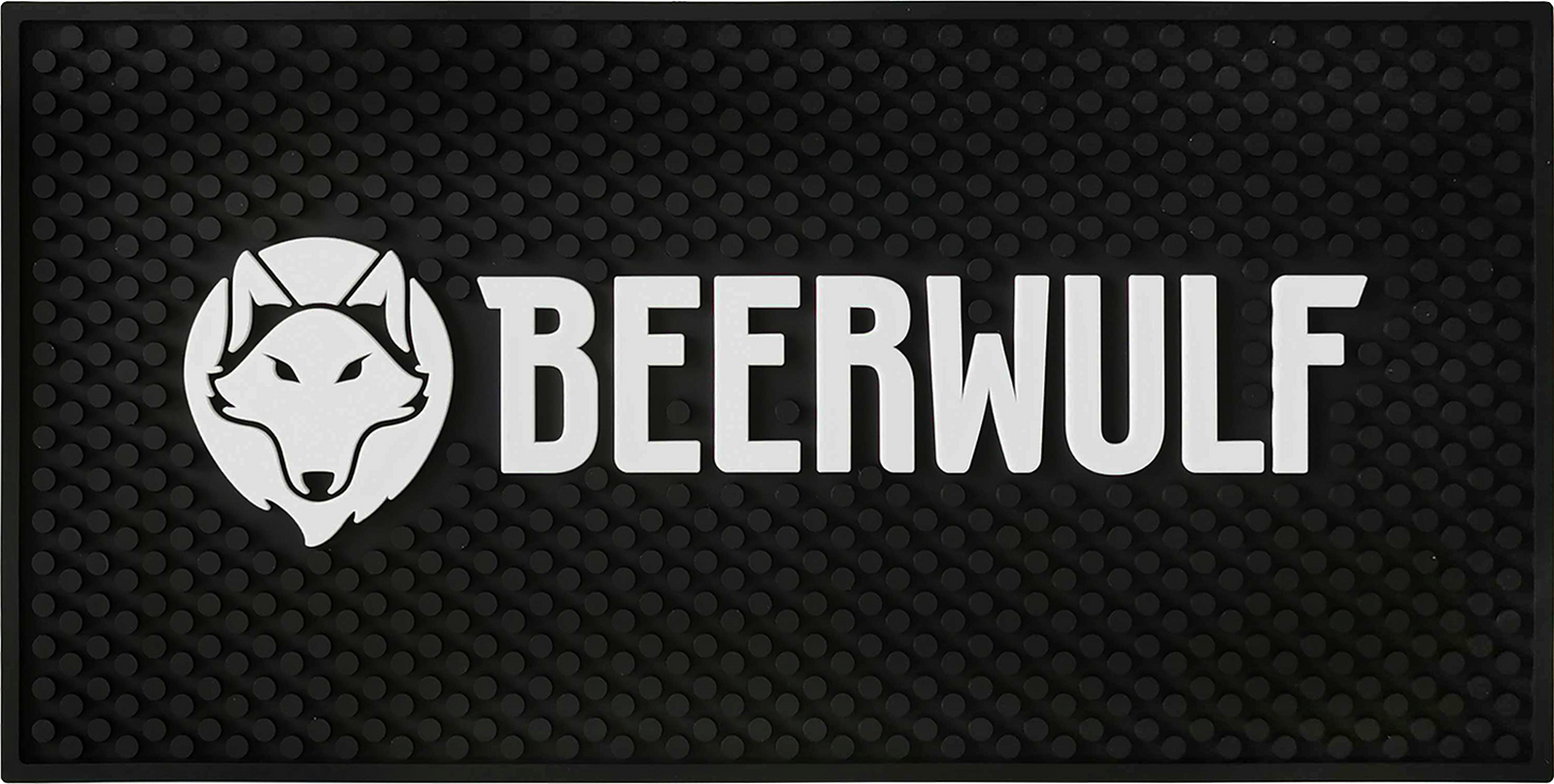 A black Beerwulf bar runner with the brand's logo and text 'BEERWULF' in white.