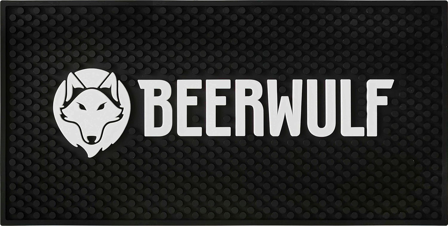 A black Beerwulf bar runner with the brand's logo and text 'BEERWULF' in white.