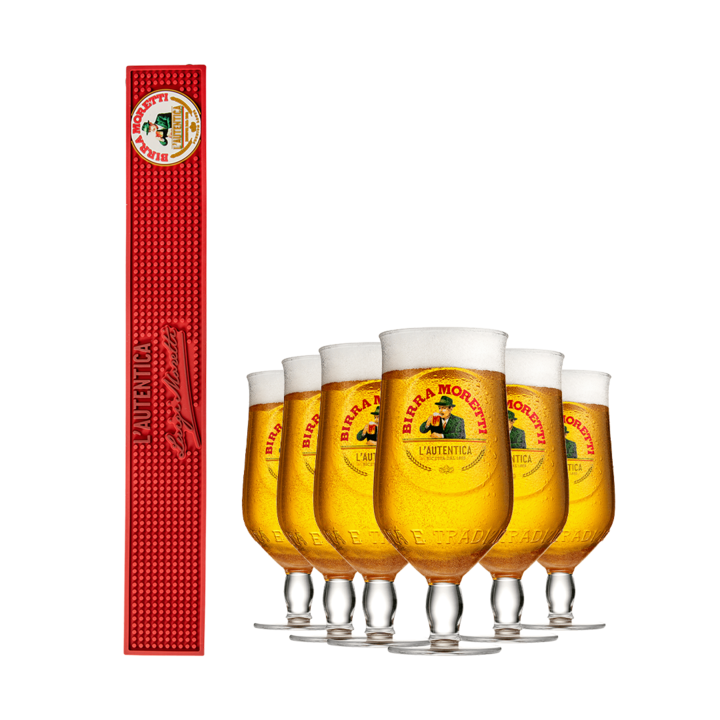 Birra Moretti Bar-Set – Barmatte und 6 Gläser