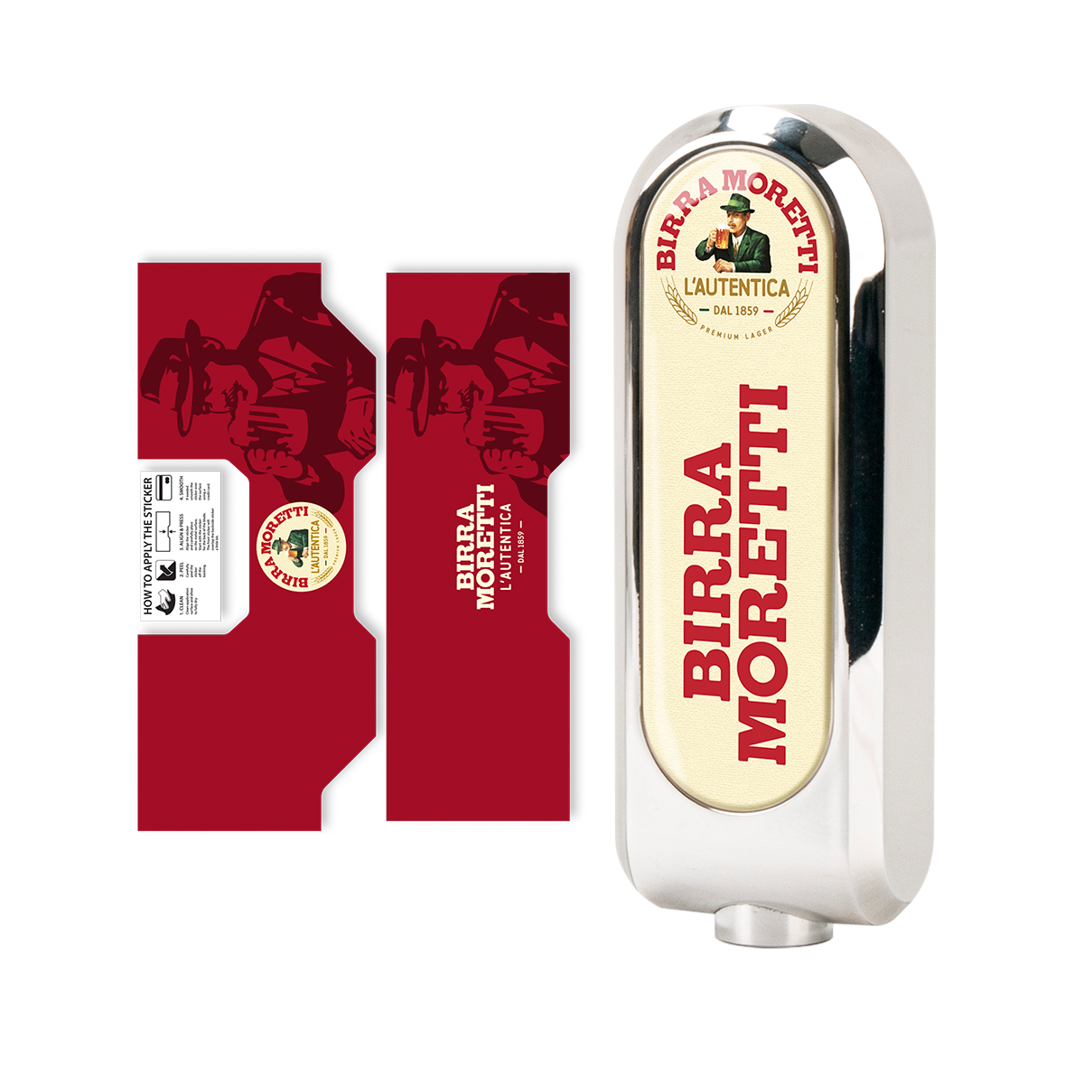 The image shows a Birra Moretti BLADE tap handle and a sticker with the Birra Moretti branding, indicating an accessories bundle for a beer machine.
