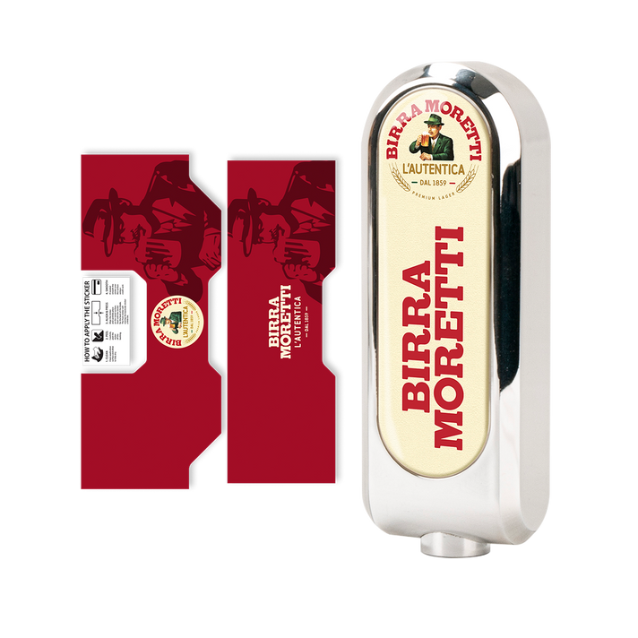 The image shows a Birra Moretti BLADE tap handle and a sticker with the Birra Moretti branding, indicating an accessories bundle for a beer machine.