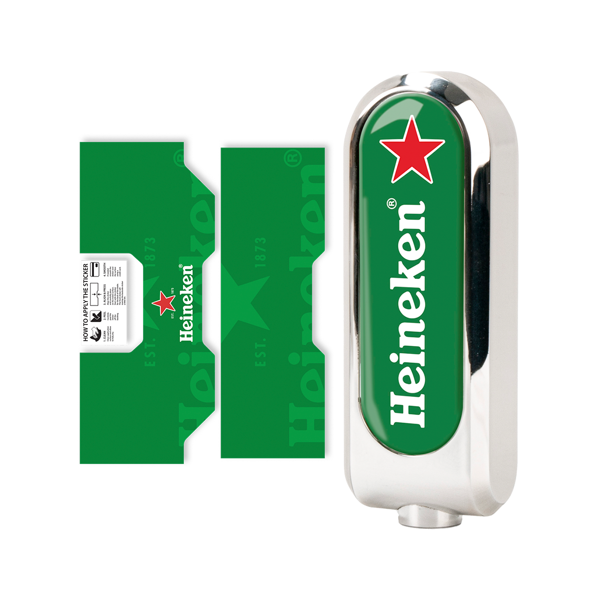 A bundle consisting of a green and silver beer dispenser with a red star detail, and a matching green sticker with the Heineken logo.