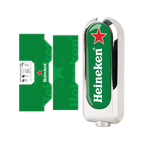 A bundle consisting of a green and silver beer dispenser with a red star detail, and a matching green sticker with the Heineken logo.