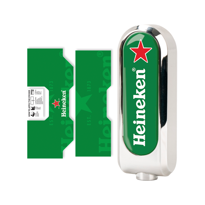 A bundle consisting of a green and silver beer dispenser with a red star detail, and a matching green sticker with the Heineken logo.