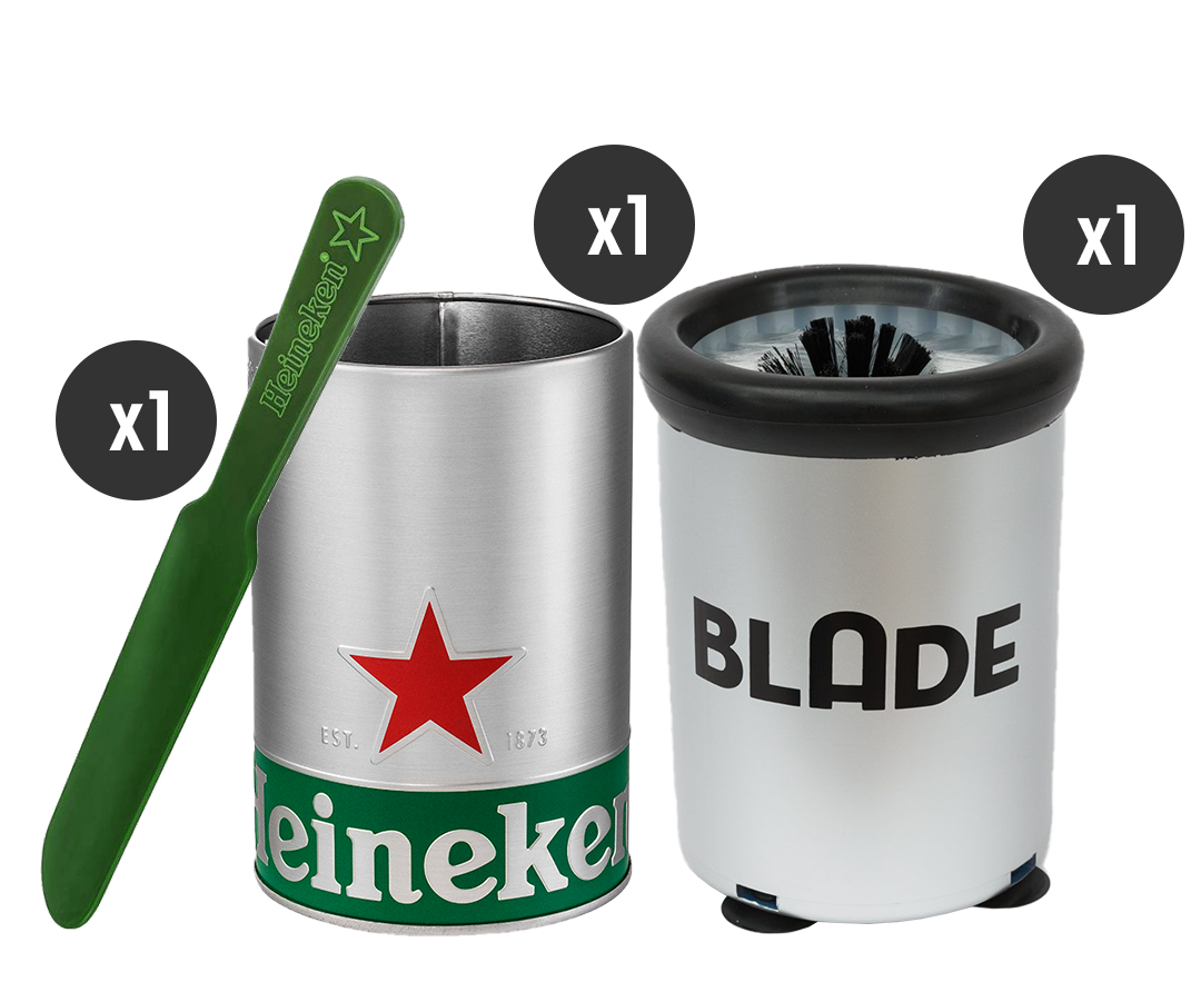The image shows a Heineken beer skimmer, a Heineken skimmer holder, and a BLADE glass brush, all branded with the respective logos and colors. The items are displayed against a white background with a 'XL' indicator for the skimmer holder size.