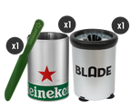 The image shows a Heineken beer skimmer, a Heineken skimmer holder, and a BLADE glass brush, all branded with the respective logos and colors. The items are displayed against a white background with a 'XL' indicator for the skimmer holder size.