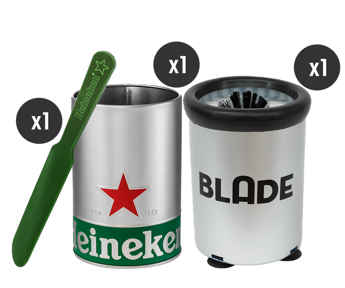 The image shows a Heineken beer skimmer, a Heineken skimmer holder, and a BLADE glass brush, all branded with the respective logos and colors. The items are displayed against a white background with a 'XL' indicator for the skimmer holder size.