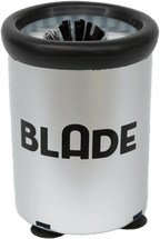 A black and white image of the BLADE Glass Brush with flexible bristles and a suction cup base, prominently displaying the brand name 'BLADE' on a white cylindrical container.