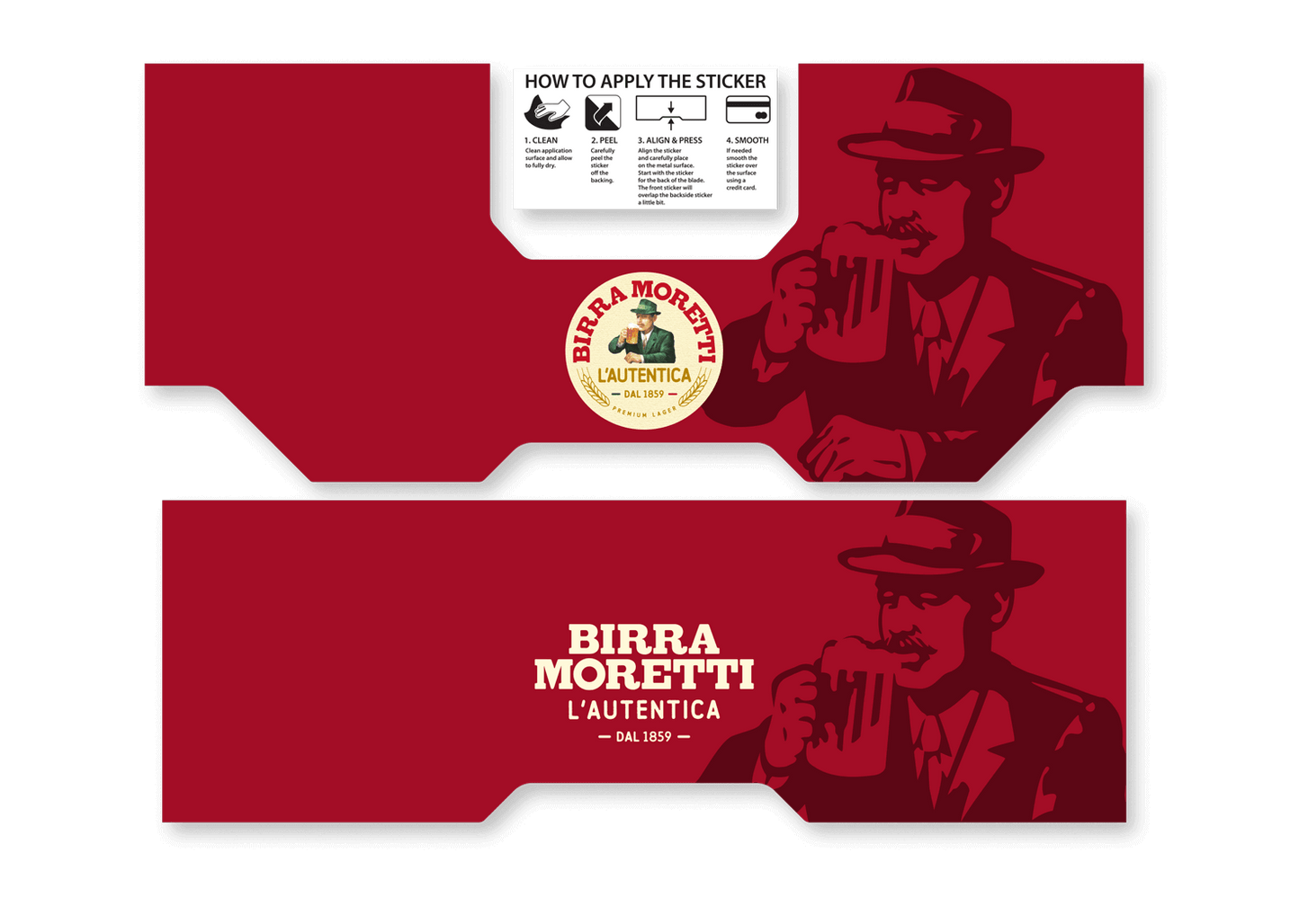 A Birra Moretti branded sticker with a graphic of a man pouring beer and the text 'BIRRA MORETTI L'AUTENTICA'.