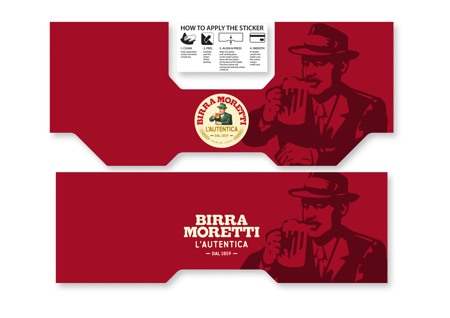 Een Birra Moretti sticker met een afbeelding van een man die bier inschenkt en de tekst 'BIRRA MORETTI L'AUTENTICA'.
