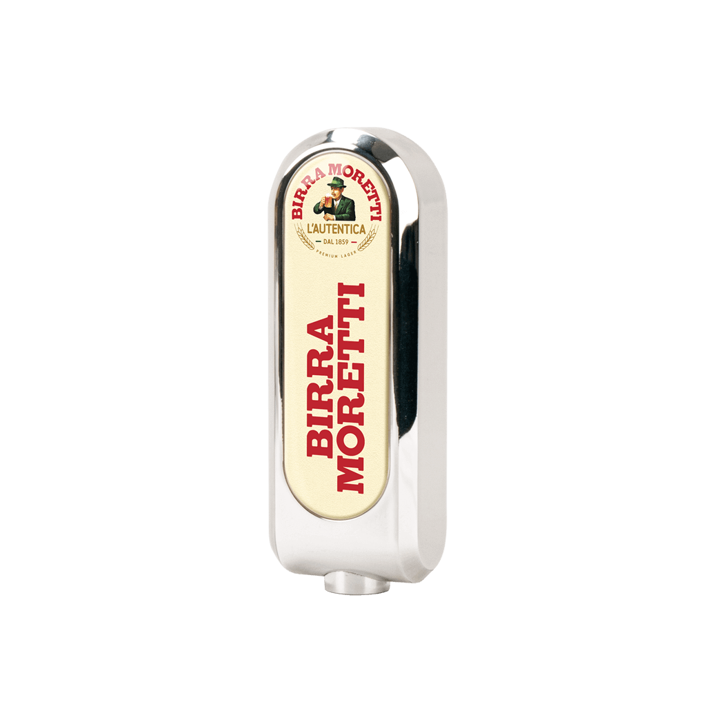 A Birra Moretti branded beer tap handle with the company's colors and logo visible.