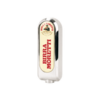 Ein Birra Moretti Zapfgriff, auf dem die Farben und das Logo der Firma gut zu sehen sind.