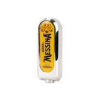 Ein eleganter Birra Messina Zapfgriff mit einem markanten gelben Logo auf silbernem Gehäuse, passend für deine BLADE Zapfanlage.