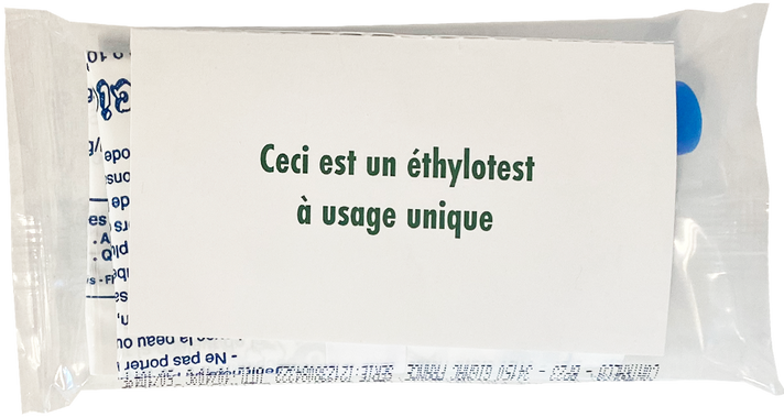 Packaging of a breathalyzer with text indicating it is a single-use ethylotest.