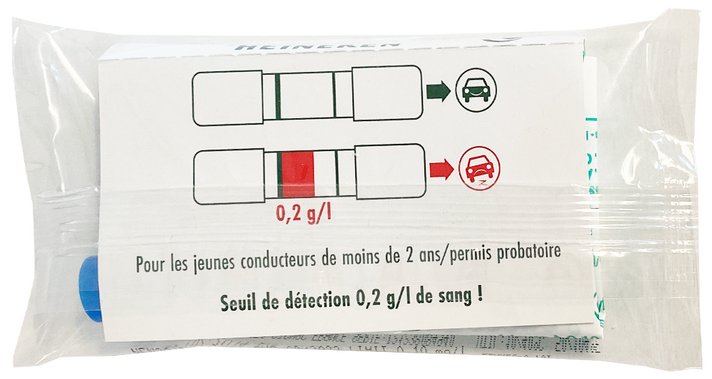 French alcohol breathalyzer kit in plastic packaging. The label shows two diagrams: one with a green result indicating it is safe to drive, and another with a red bar at 0.2 g/l showing that driving is prohibited. Text in French specifies this test is intended for young drivers with less than 2 years’ experience or probationary licenses. Detection threshold stated as 0.2 g/l of blood alcohol