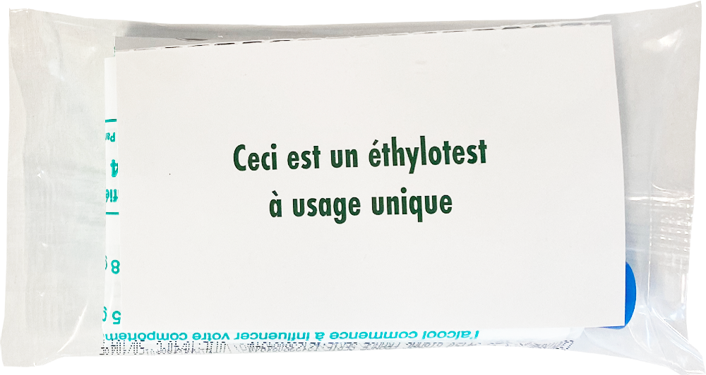 Packaged breathalyzer test with instructions in French, indicating it is a single-use item.