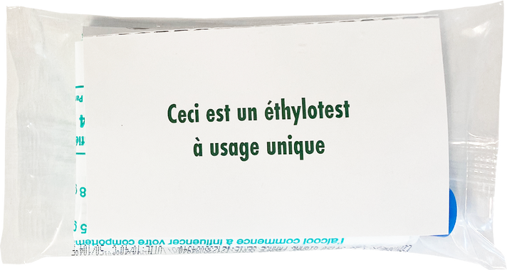 Packaged breathalyzer test with instructions in French, indicating it is a single-use item.