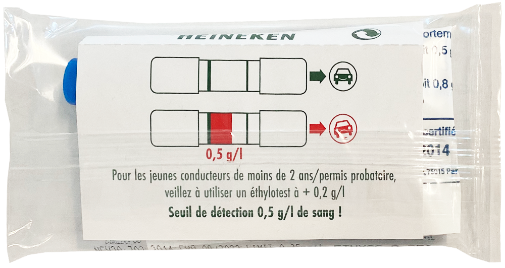 French alcohol breathalyzer kit in plastic packaging. The label shows instructions with two diagrams: one indicating a green result allowing driving, and another with a red mark at 0.5 g/l indicating driving is prohibited. Text in French explains that young drivers with less than 2 years’ experience or on probationary licenses should use a breathalyzer with a 0.2 g/l threshold. Detection threshold stated as 0.5 g/l of blood alcohol