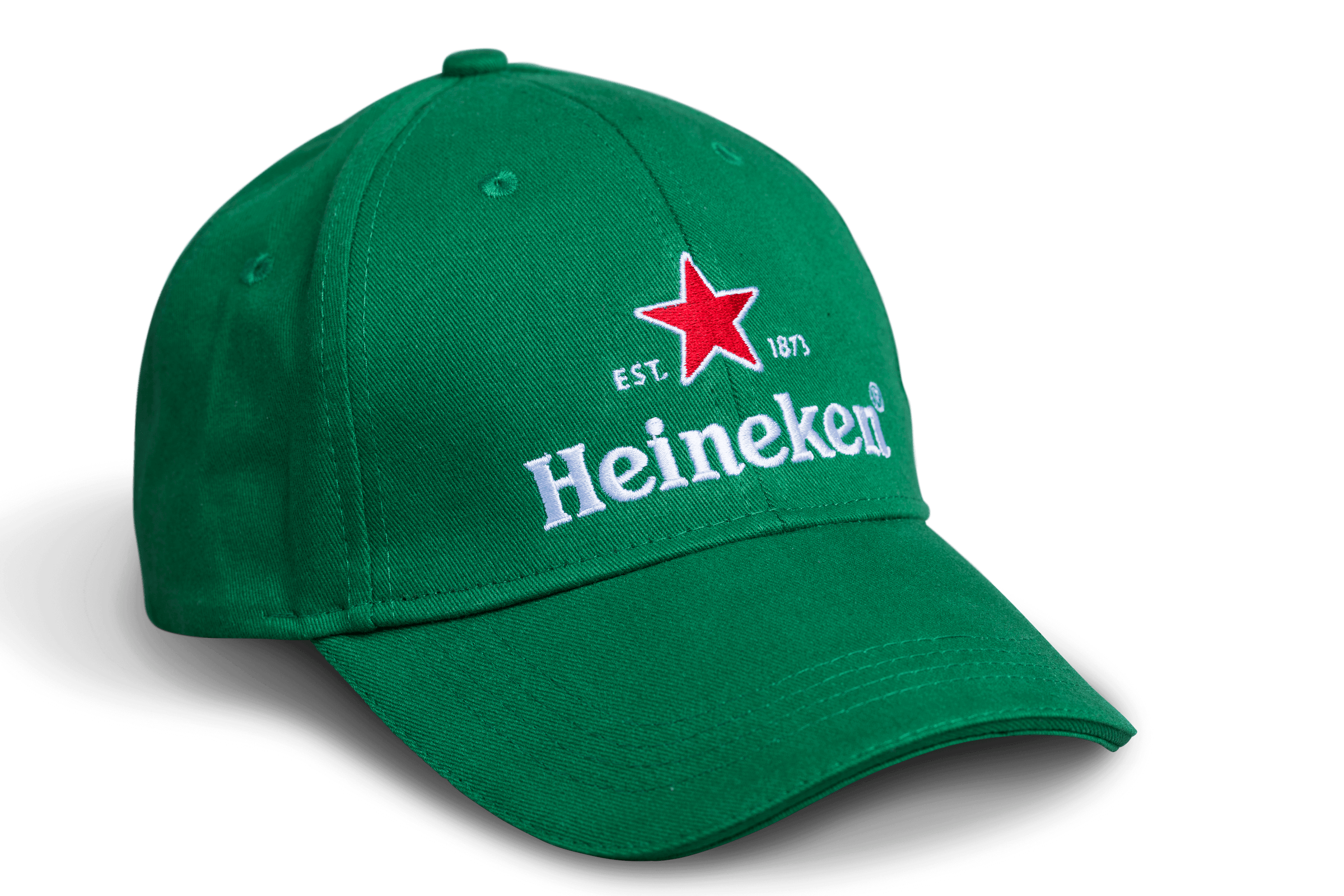 A dark green baseball cap with the Heineken logo embroidered on the front.