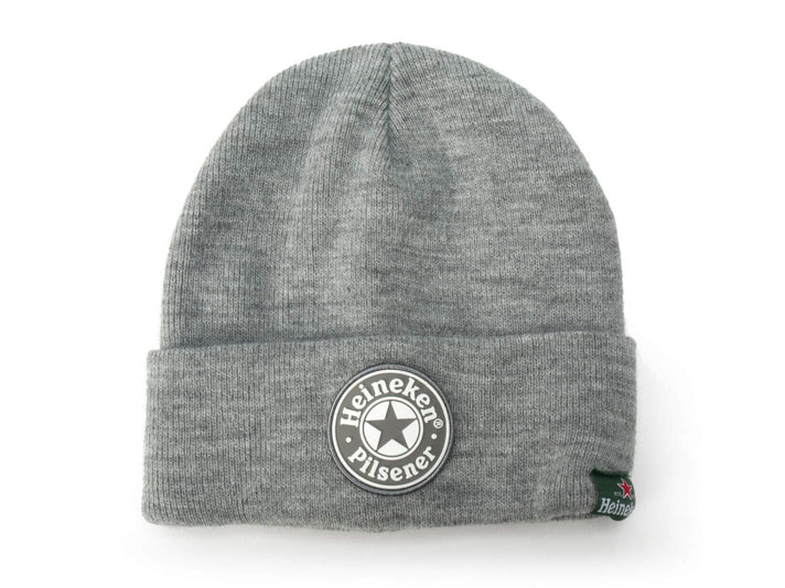 A grey Heineken beanie made of acrylic, featuring the Heineken logo on the cuff.