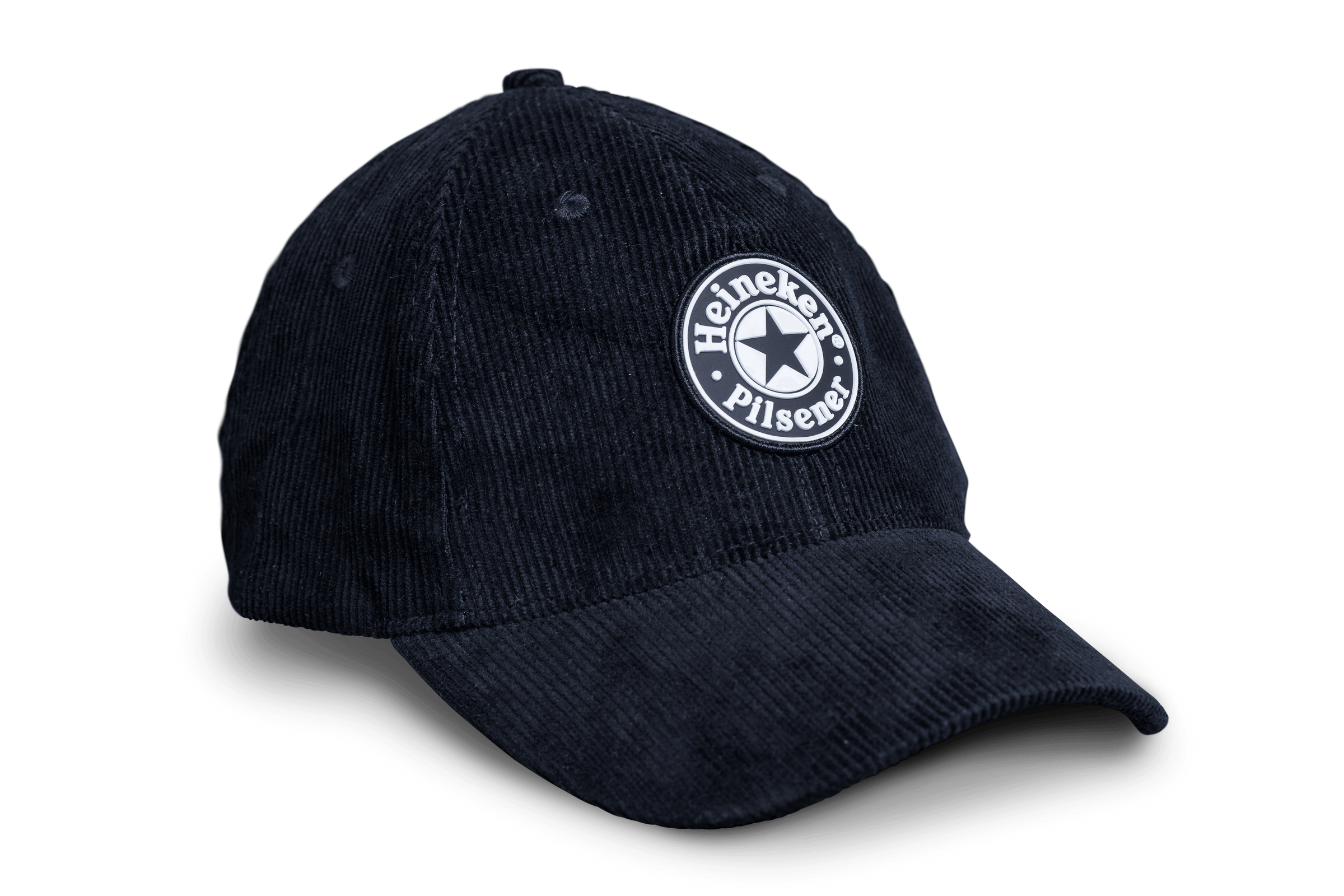 A black ribbed baseball cap with the Heineken logo on the front.