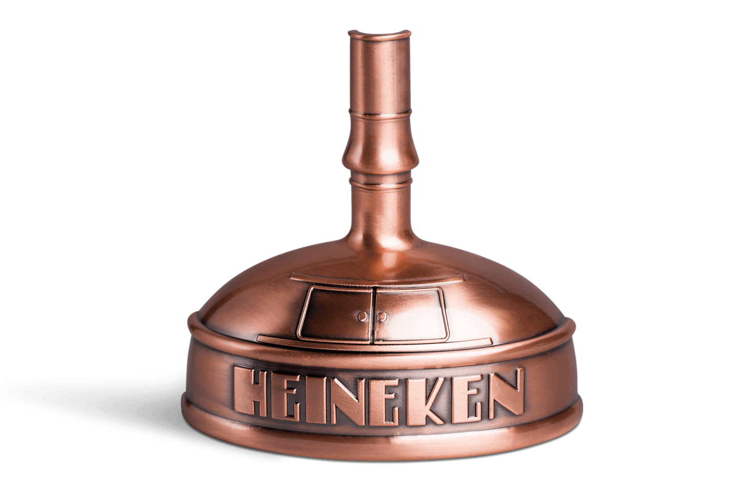 Ein kupferfarbener Flaschenöffner in Kesselform, mit dem Heineken-Logo an der Seite.