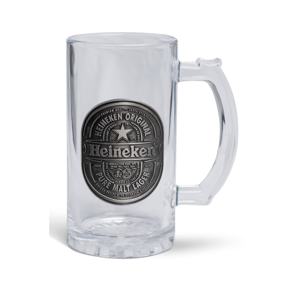 Heineken®-Bierkrug aus Glas mit Metallplakette