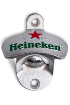 Een zilverkleurige metalen wandopener met het Heineken logo en de rode ster.