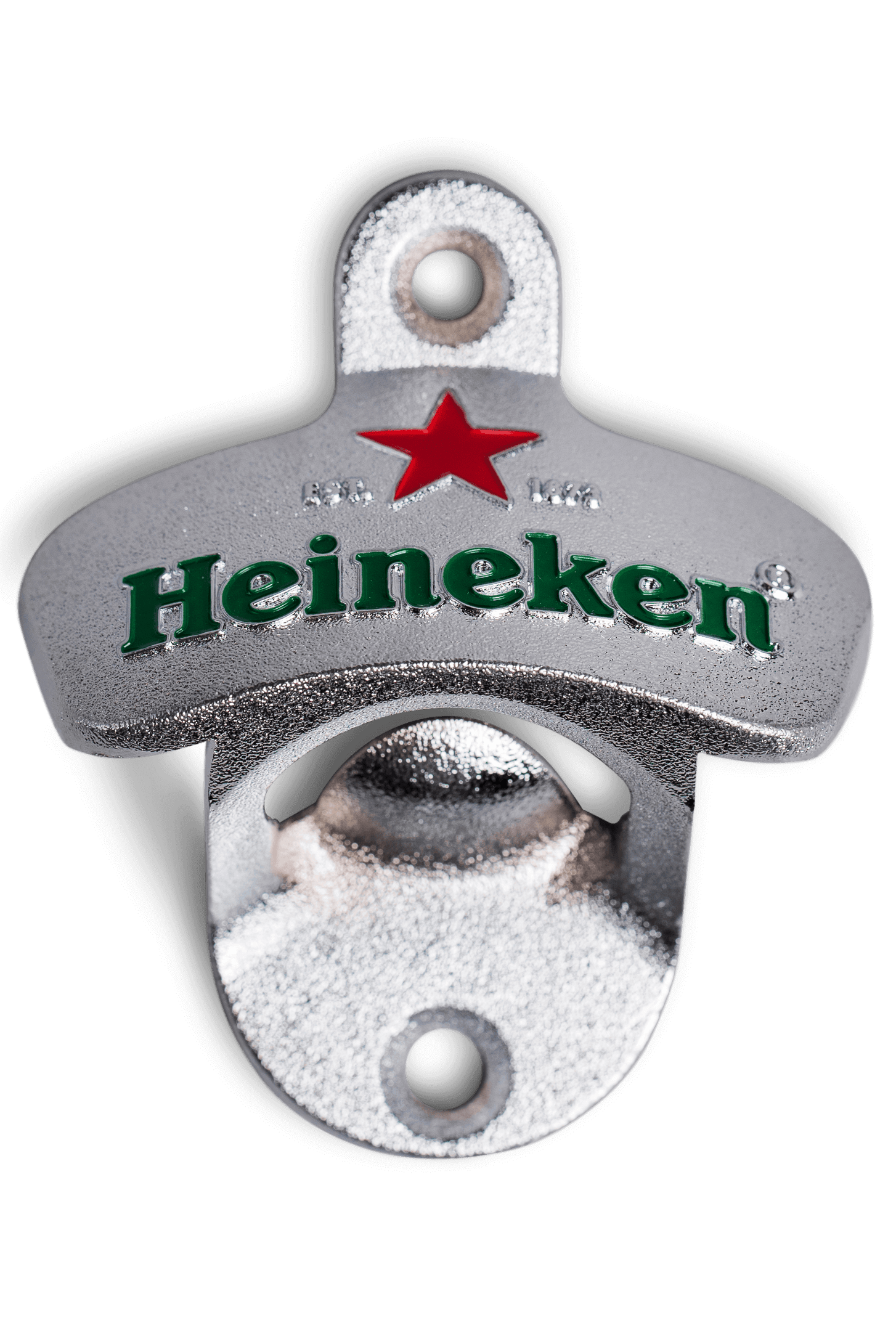 Een zilverkleurige metalen wandopener met het Heineken logo en de rode ster.