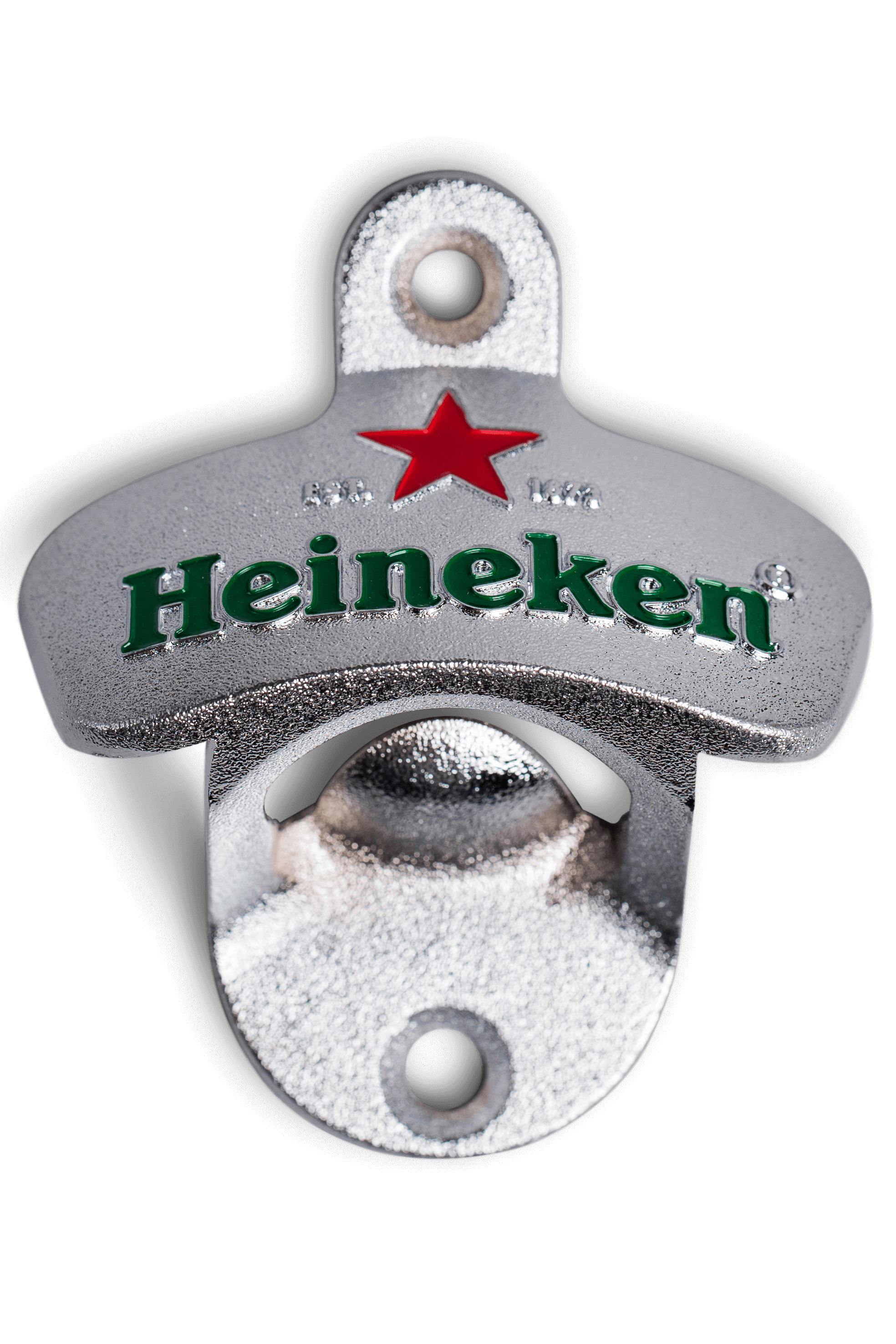 A silver metal wall bottle opener with the Heineken logo and red star.