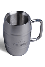 A stainless steel mug with the Heineken logo on it.