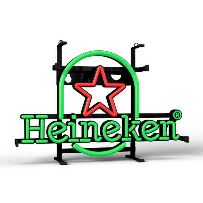 A neon sign of the Heineken brand logo with a green star and the text 'Heineken'.