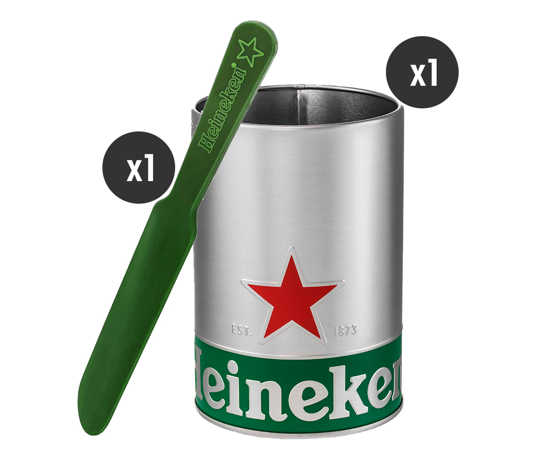 Kit schiumarola a marchio Heineken, composto da uno strumento per la schiuma e un supporto per la schiumarola.
