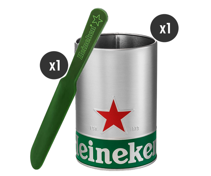 Heineken branded skimmer kit consisting of a skimmer tool and a skimmer holder.