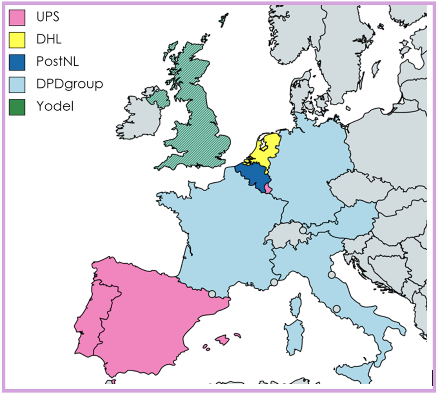 A coloured map of Europe with the names of various postal/delivery services in the top left corner.