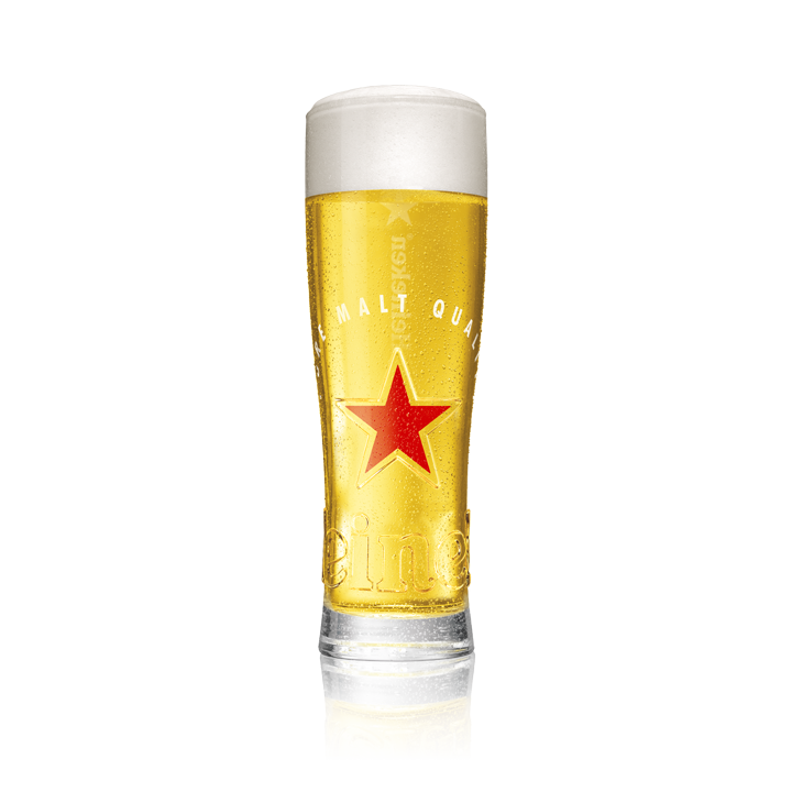 Glass of beer with a red star logo on a white background