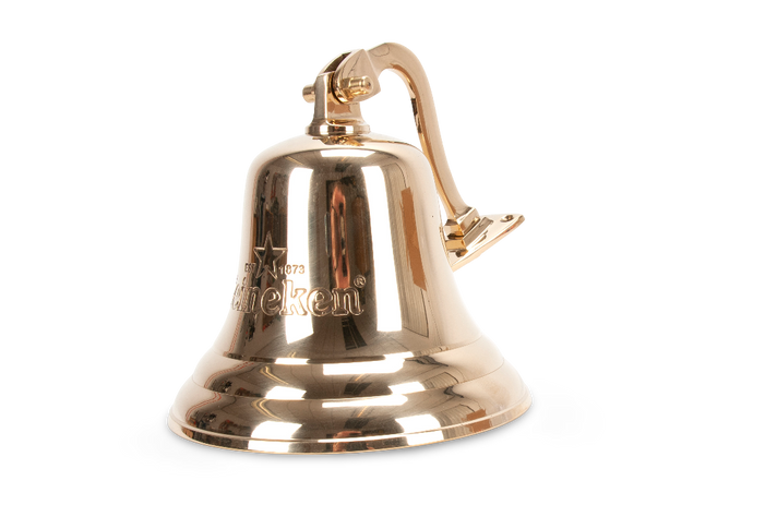 Side view of a Heineken gold-colored Bar Bell Merch.