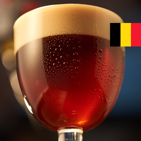 A full glass of deep amber beer with the flag of Belgium in the top right corner.