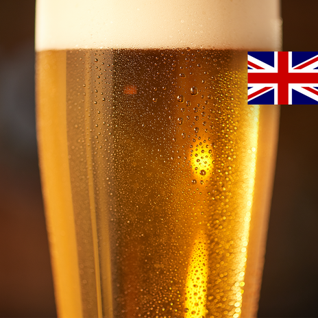 A full pint glass of lager beer with the flag of the United Kingdom in the top right corner.